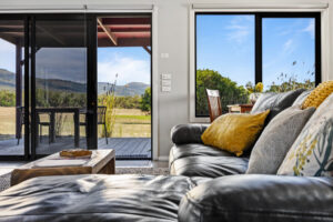 Lounge area with indoor fireplace, large TV, wifi and Grampians and wildlife views